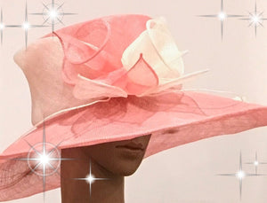 300-008PK Ivory and Pink Wide Brim Sinamay Hat