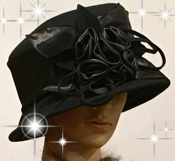 400-020 Small Black Flowery Wool Hat