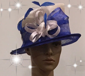 300-005 Blue and White Feather Sinamay Hat