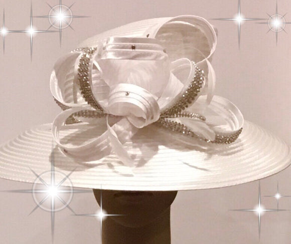 200-002 White Satin Ribbon Rhinestone Hat