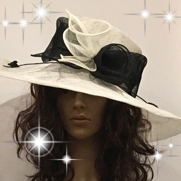 300-008 Black and Ivory Wide Brim Sinamay Hat